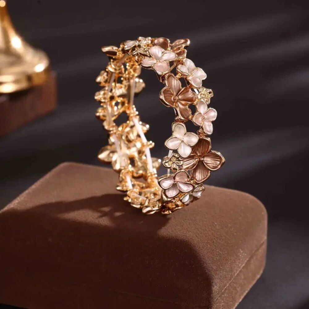 Elegant, Classy Pink & Neutrals Champagne Enamel Floral Bracelet - One Size